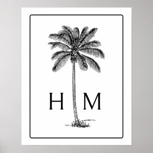 Schwarz-Weiß-Palm-Palmetto-Baum-Monogramm Poster