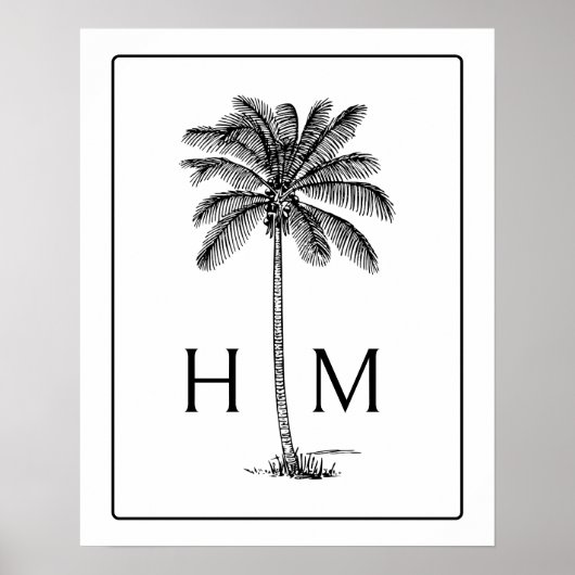 Schwarz-Weiß-Palm-Palmetto-Baum-Monogramm Poster (Vorne)