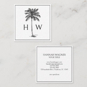 Schwarz-Weiß-Palm-Palmetto-Baum-Monogramm Quadratische Visitenkarte