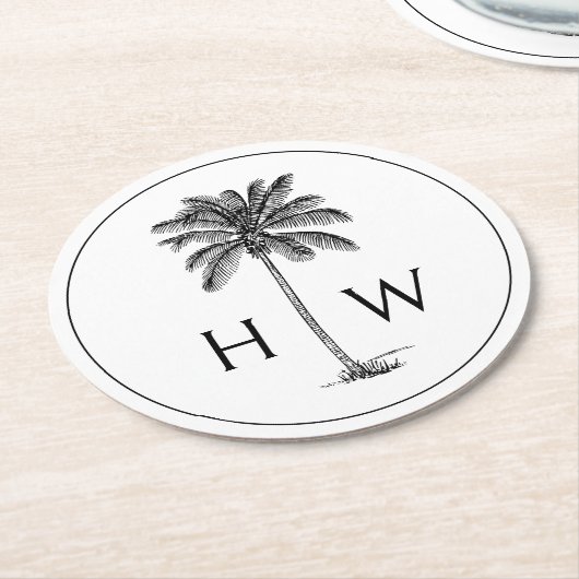 Schwarz-Weiß-Palm-Palmetto-Baum-Monogramm Runder Pappuntersetzer (Angewinkelt)