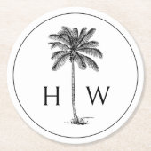 Schwarz-Weiß-Palm-Palmetto-Baum-Monogramm Runder Pappuntersetzer (Vorderseite)