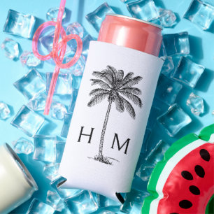 Schwarz-Weiß-Palm-Palmetto-Baum-Monogramm Selters Dosenkühler