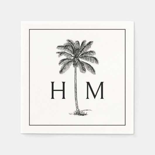 Schwarz-Weiß-Palm-Palmetto-Baum-Monogramm Serviette (Vorderseite)