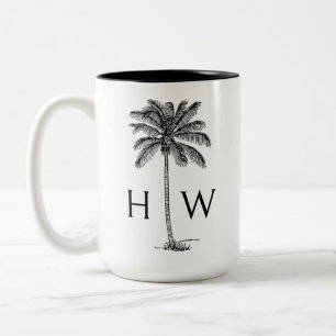 Schwarz-Weiß-Palm-Palmetto-Baum-Monogramm Zweifarbige Tasse