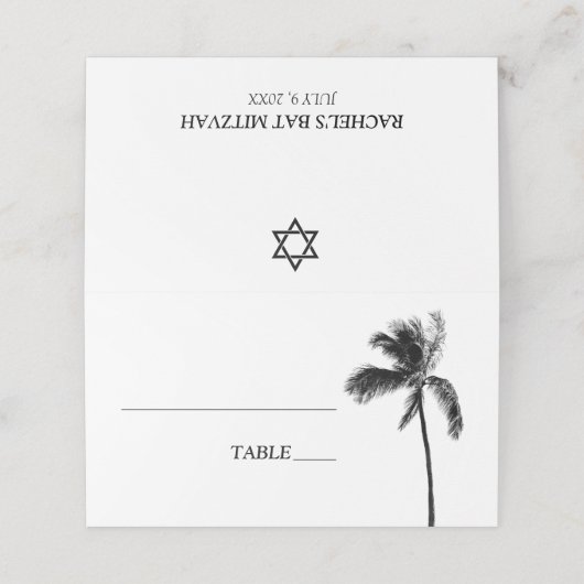 Schwarz-Weiß-Palm-Tree Bat Mitzvah Platzkarte (Außenseite Aufgefaltet)