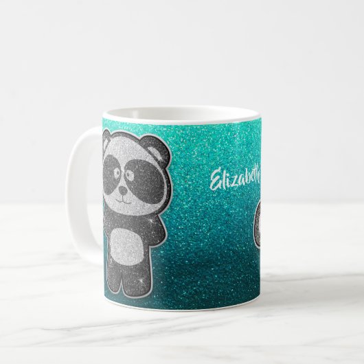 Schwarz-Weiß-Panda-Glitzer-Zaubername Kaffeetasse (Vorderseite Links)