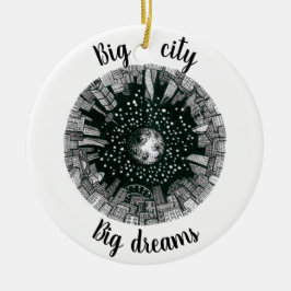 Schwarz-Weiß-Panorama-Stadt unter dem Mond Keramik Ornament