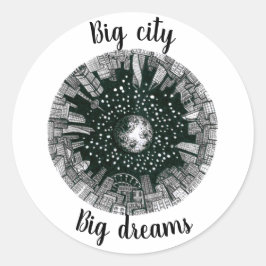 Schwarz-Weiß-Panorama-Stadt unter dem Mond Runder Aufkleber