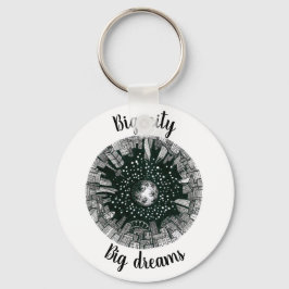 Schwarz-Weiß-Panorama-Stadt unter dem Mond Schlüsselanhänger