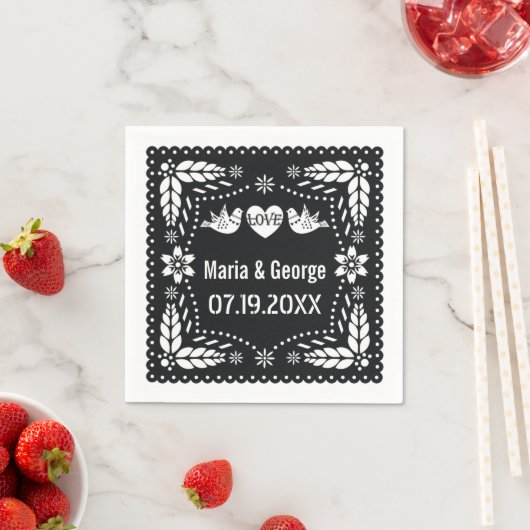 Schwarz-Weiß Papel Picado Liebhaber von Vögeln Hoc Serviette (Beispiel)