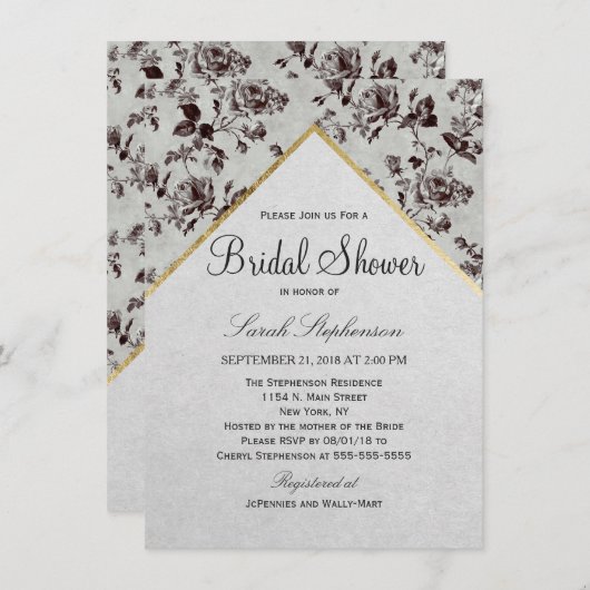 Schwarz-Weiß-Papier mit Blumen- und Goldschmiedear Einladung (Vorne/Hinten)