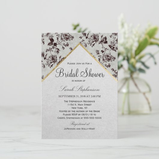 Schwarz-Weiß-Papier mit Blumen- und Goldschmiedear Einladung (Stehend Vorderseite)