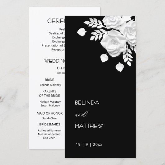 Schwarz-weiß Papierrosen | Hochzeitsprogramm (Vorne/Hinten)