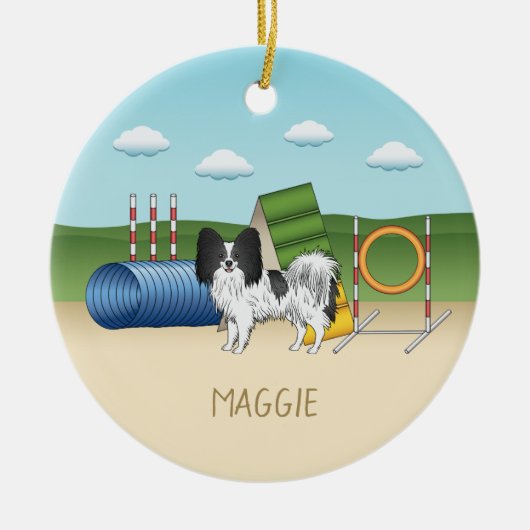 Schwarz-Weiß-Papillen mit Agility Keramik Ornament (Vorne)