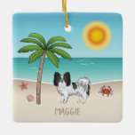 Schwarz-weiß Papillon Dog Tropical Summer Beach Keramikornament<br><div class="desc">Desteis originelle Cartoon-Illustration einer Schwarz-Weiß-Farbe Papillon Rasse Hund stehend in einer tropischen Sommer Strand-Szene. Der beige Sand ist mit einer Palme, einer rosa Muschel, einem Seestern und einer roten Krabbe verziert. Das Wasser ist türkisblau mit einigen Wellen und die Sonne scheint über dem Horizont. Es gibt auch einen personalisierbaren Textbereich...</div>
