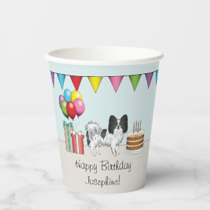 Schwarz-Weiß Papillon Hund farbenfroh Geburtstag Pappbecher