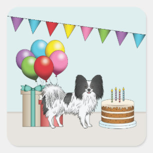 Schwarz-Weiß-Papillon-Hund Farbiger Geburtstag Quadratischer Aufkleber