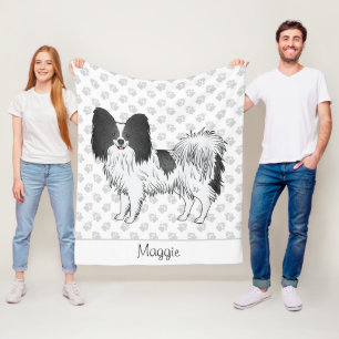 Schwarz-Weiß-Papillon-Hund mit Paws und Namen Fleecedecke