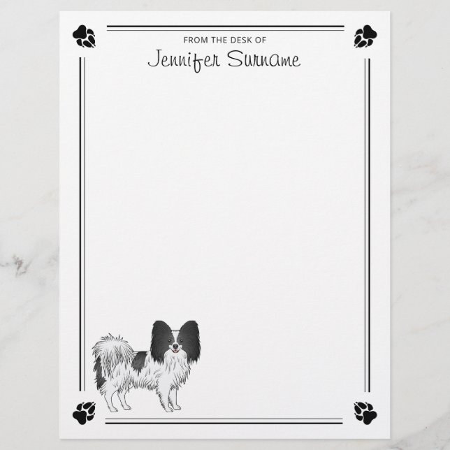 Schwarz-Weiß-Papillon-Hund mit Pfoten und Text Briefbogen (Vorderseite)