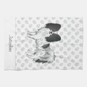 Schwarz-Weiß-Papillon-Hund mit Pfoten und Text Geschirrtuch (Horizontal)
