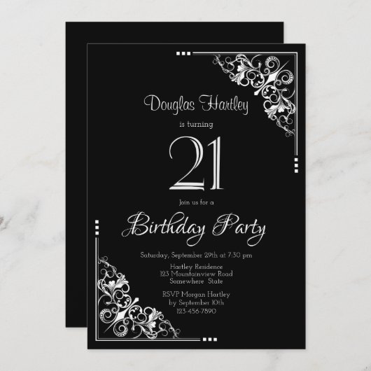 Schwarz-Weiß-Party 21. Geburtstag Einladung (Vorne/Hinten)