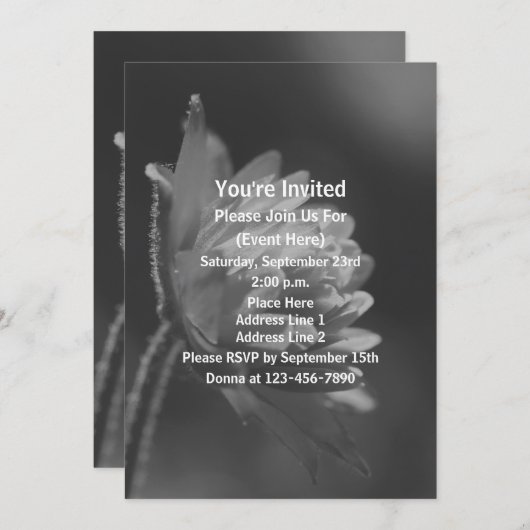 Schwarz-Weiß-Party mit sonniger Blume Einladung (Vorne/Hinten)