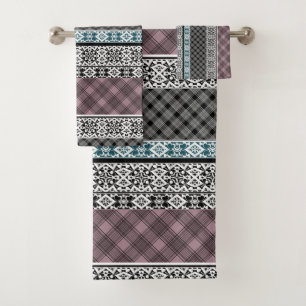 Schwarz-Weiß-Patchwork-Spitze Badhandtuch Set