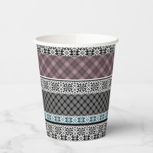 Schwarz-Weiß-Patchwork-Spitze Pappbecher (Links)