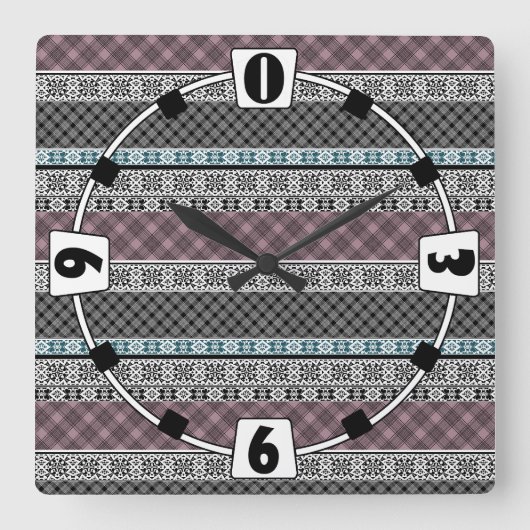 Schwarz-Weiß-Patchwork-Spitze Quadratische Wanduhr (Vorderseite)