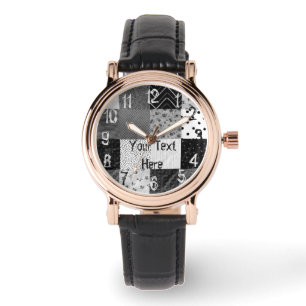 Schwarz-Weiß-Patchwork-Stoff Vintag Armbanduhr