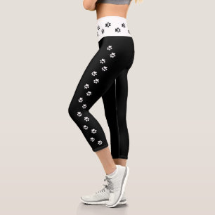 Schwarz-Weiß-Paw-Druckseite Streifen Hoch Waste Capri Leggings
