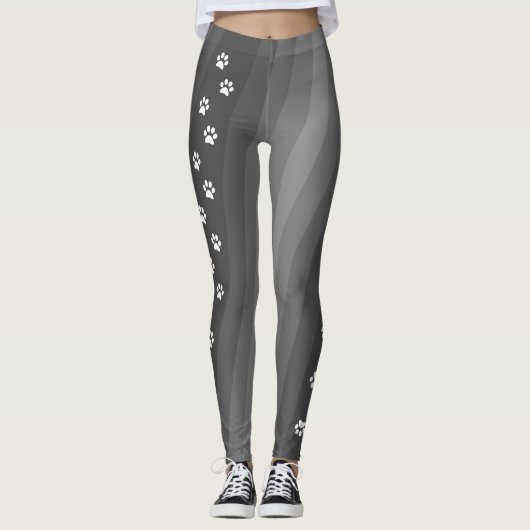 Schwarz-Weiß-Paw Print Diagonal Strip Workout Leggings (Vorderseite)