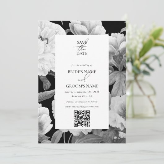 Schwarz-Weiß-Peonies-Foto Save The Date (Stehend Vorderseite)