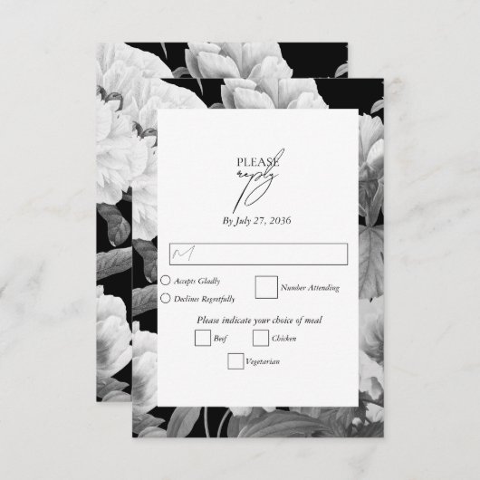 Schwarz-Weiß-Peonies-Hochzeit RSVP Karte (Vorne/Hinten)