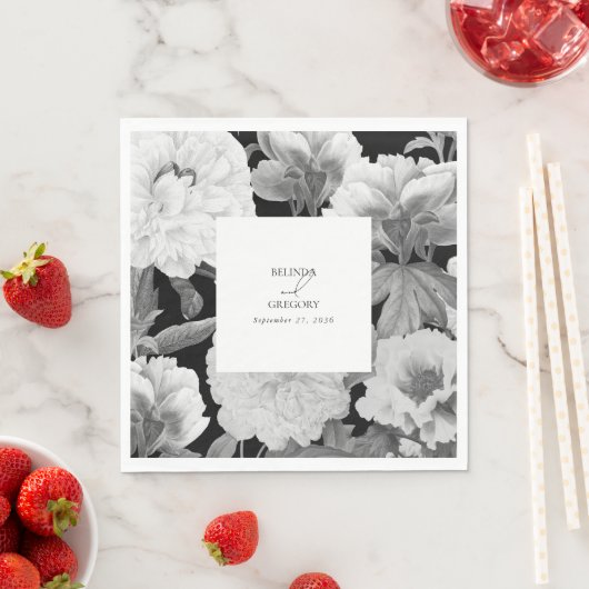 Schwarz-Weiß-Peonies-Hochzeit Serviette (Beispiel)
