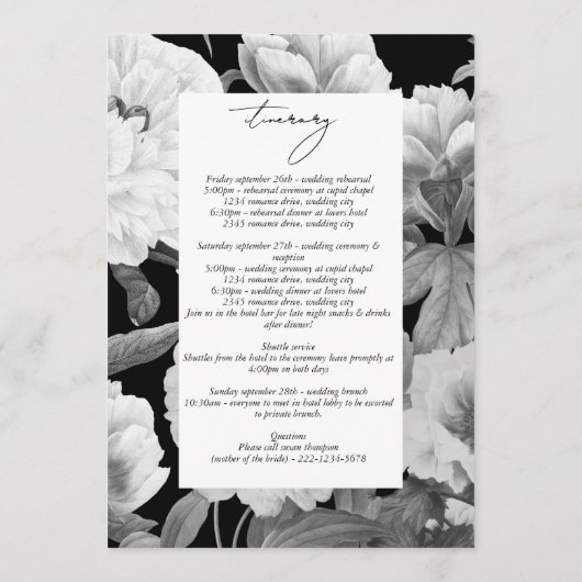 Schwarz-Weiß-Peonies-Hochzeitsreise Programm (Rückseite)