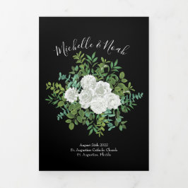 Schwarz-Weiß-Peony- und Rose-Hochzeitsprogramme Dreifach-gefaltete Programmkarte