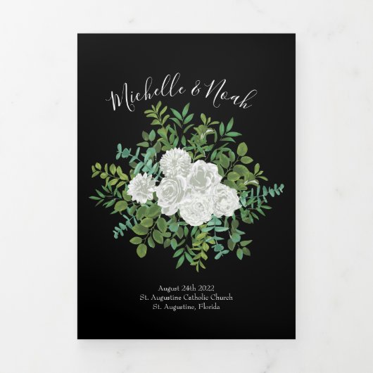 Schwarz-Weiß-Peony- und Rose-Hochzeitsprogramme Dreifach-gefaltete Programmkarte (Cover)