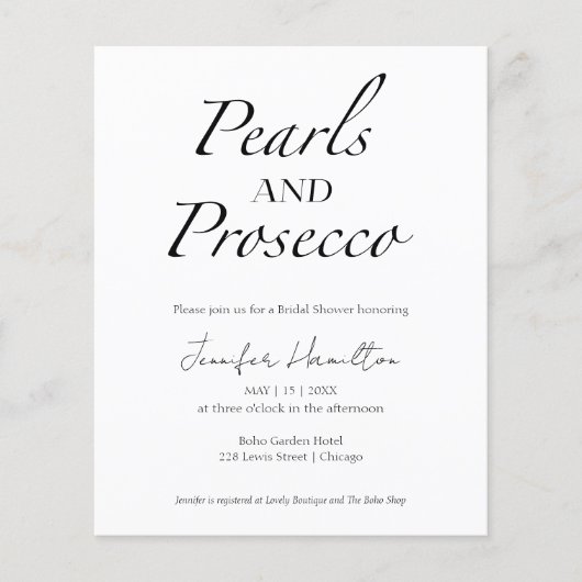Schwarz-Weiß-Perlen und Prosecco-Brautparty (Vorderseite)