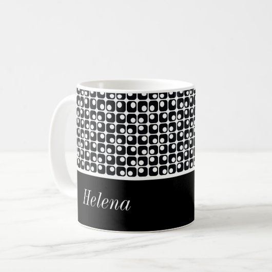 Schwarz/Weiß Personalisiert, Retro-Quadrat-Muster Kaffeetasse (Vorderseite Links)