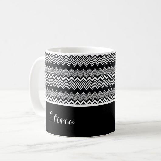 Schwarz/Weiß Personalisiert Zig Zag Muster & Schwa Kaffeetasse (Vorderseite Links)