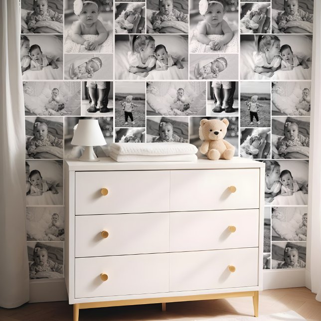 Schwarz-Weiß-Personalisierte Wall-Babyfotografie Tapete (Black & White Personalized Wall Baby Photo Collage Wallpaper)