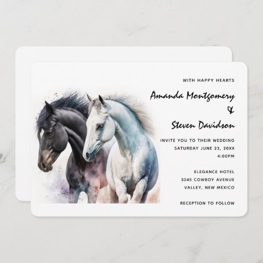 Schwarz-Weiß-Pferd-Paar in Wasserfarbe Einladung (Vorne/Hinten)