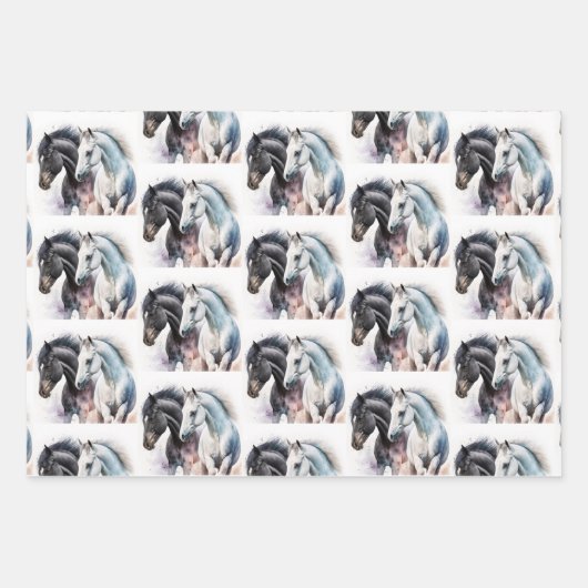 Schwarz-Weiß-Pferd-Paar in Wasserfarbe Geschenkpapier Set (Vorderseite 3)