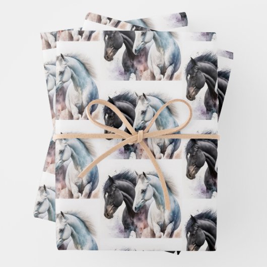 Schwarz-Weiß-Pferd-Paar in Wasserfarbe Geschenkpapier Set (Beispiel)