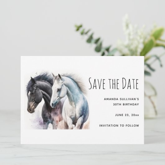 Schwarz-Weiß-Pferd-Paar in Wasserfarbe Save The Date (Stehend Vorderseite)