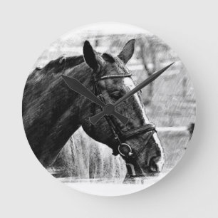Schwarz-Weiß-Pferd-Skizze Runde Wanduhr