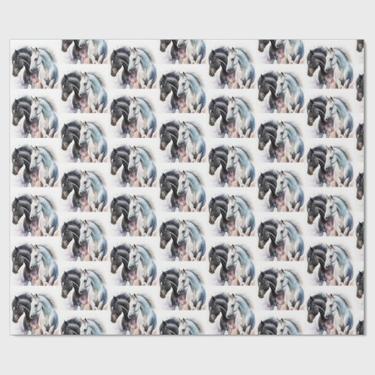 Schwarz-Weiß-Pferde in Wasserfarbe Gemustert Geschenkpapier (Flach)