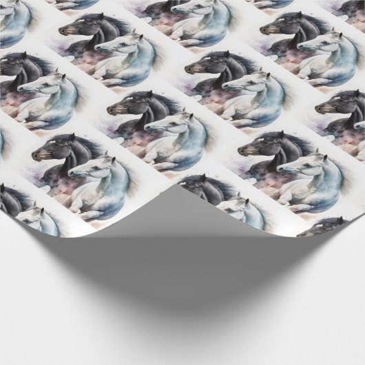 Schwarz-Weiß-Pferde in Wasserfarbe Gemustert Geschenkpapier (Ecke)