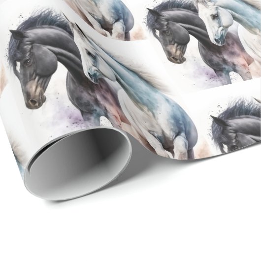 Schwarz-Weiß-Pferde in Wasserfarbe Gemustert Geschenkpapier (Rolleneckpunkt)